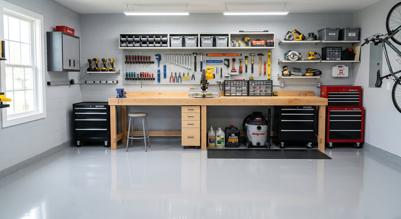 Plain grey epoxy workshop floor
